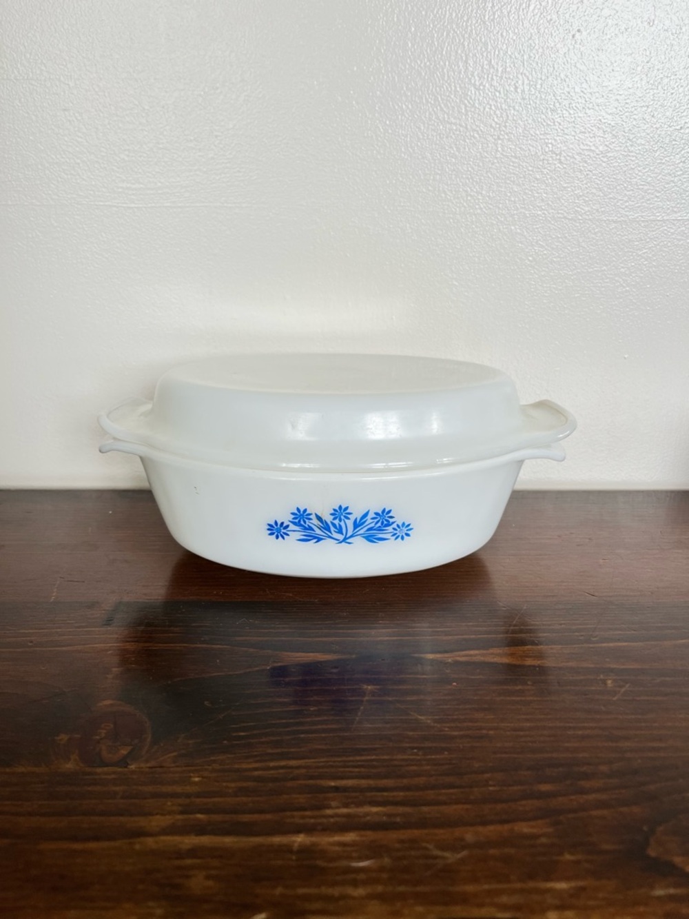 Anchor Hocking White Covered Casserole with Blue Floral Motif